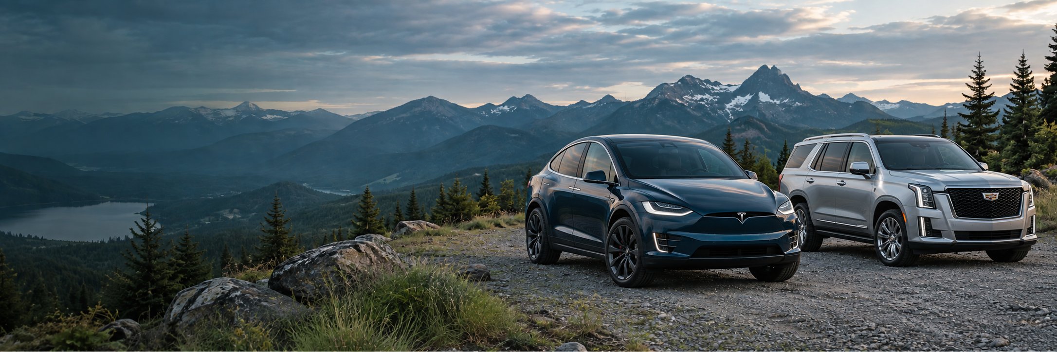 Tesla Model X and Cadillac Escalade parked on a mountain overlook at dusk